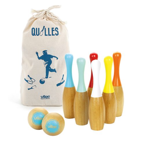 Jeu de quilles bowling bicolores bois massif jeu extérieur REVENDEUR VILAC magasin de jouets en bois à st pierre 97410 Livraison LA REUNION 974