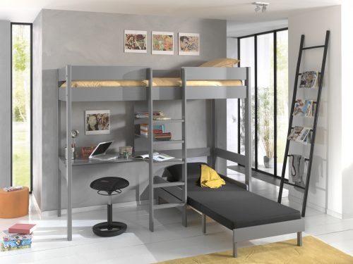 Lit mezzanine avec bureau et fauteuil BOSTON Gris lit pour ado gain de place