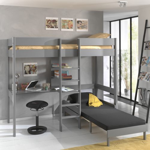 Lit mezzanine avec bureau et fauteuil BOSTON Gris lit pour ado gain de place