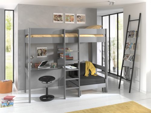 Lit mezzanine avec bureau et fauteuil BOSTON Gris lit pour ado gain de place