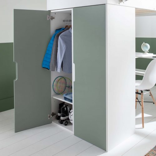 lit mezzanine pour enfant et ado avec bureau et armoire de rangement en couleur vert mousse