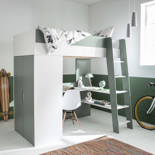 lit mezzanine pour enfant et ado avec bureau et armoire de rangement blanc et vert