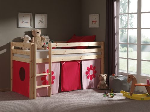 Lit mi hauteur pour enfant en bois naturel avec cabane fille