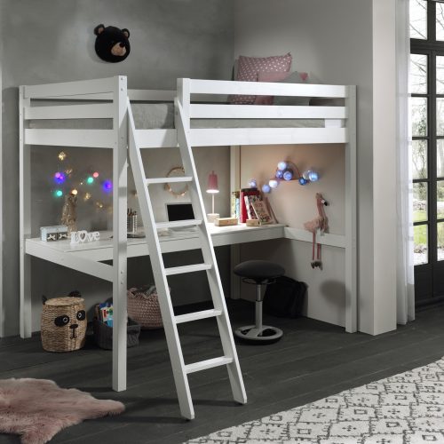 Lit Ado 2 places avec bureau FINLANDE Blanc en bois massif