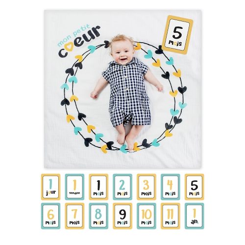 Lange en coton & cartes naissance "Mon petit coeur" idee cadeau mixte