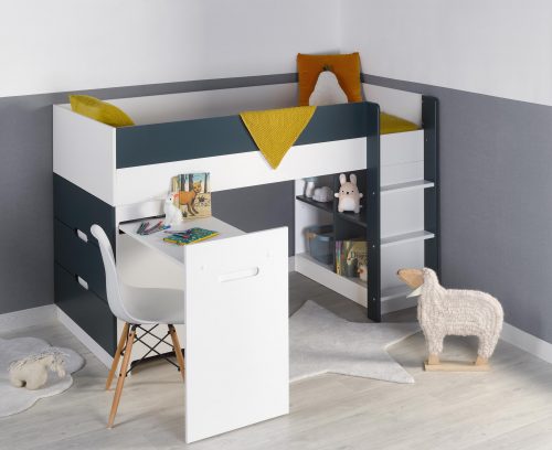 Lit mi-hauteur complet avec bureau et rangement OSLO Blanc/ Bleu Nuit magasin de meuble pour enfant saint pierre reunion 974