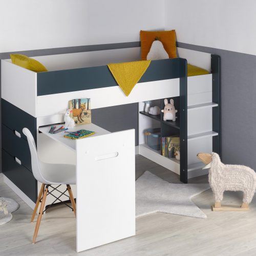 Lit mi-hauteur complet avec bureau et rangement OSLO Blanc/ Bleu Nuit magasin de meuble pour enfant saint pierre reunion 974