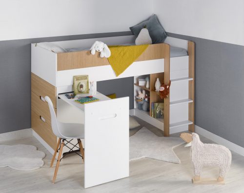 Lit mi-hauteur complet avec bureau et rangement OSLO Blanc/ Bois magasin de meuble pour enfant saint pierre reunion 974