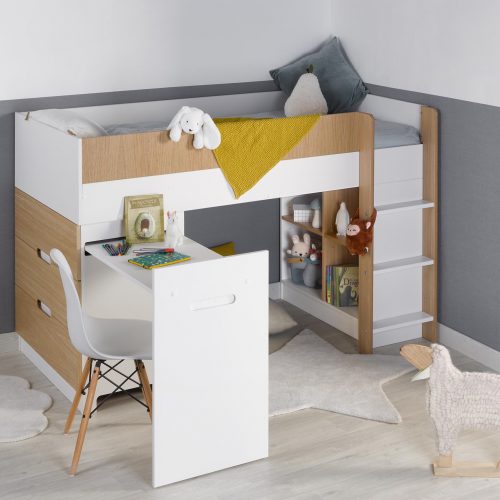 Lit mi-hauteur complet avec bureau et rangement OSLO Blanc/ Bois magasin de meuble pour enfant saint pierre reunion 974