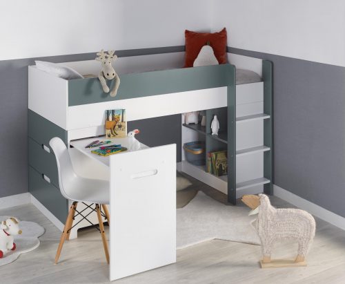 Lit mi-hauteur complet avec bureau et rangement OSLO Blanc/ Vert mousse magasin de meuble pour enfant saint pierre reunion 974