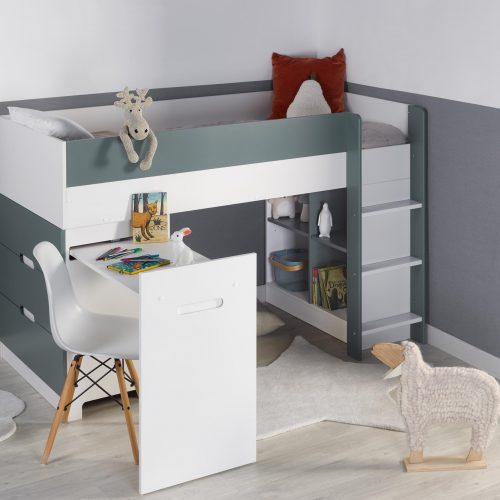 Lit mi-hauteur complet avec bureau et rangement OSLO Blanc/ Vert mousse magasin de meuble pour enfant saint pierre reunion 974