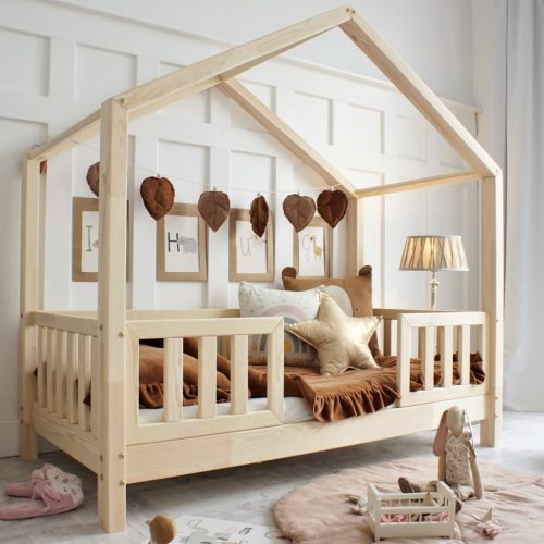 Lit 90x190 cabane avec barrières de sécurité tendance scandinave boutique de meuble pour enfant lit sécurisé en bois massif saint pierre ile de la reunion 974 lit avec ouverture au milieu