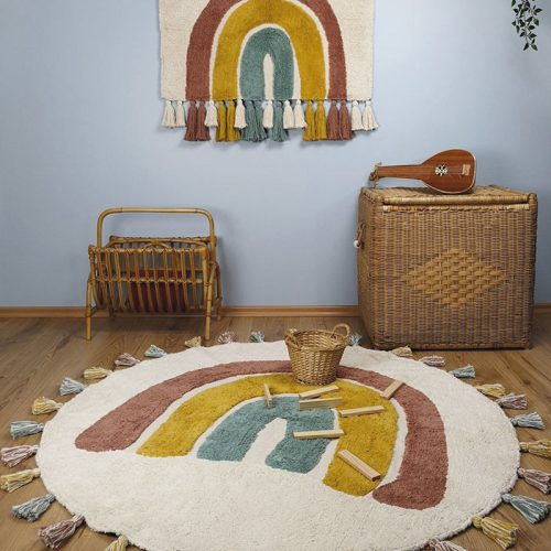 Tapis rond arc en ciel RAINBOW avec pompons tapis coton tendance lavable en machine déco chambre d'enfants et bébé magasin de déco st pierre 97410 la réunion 974