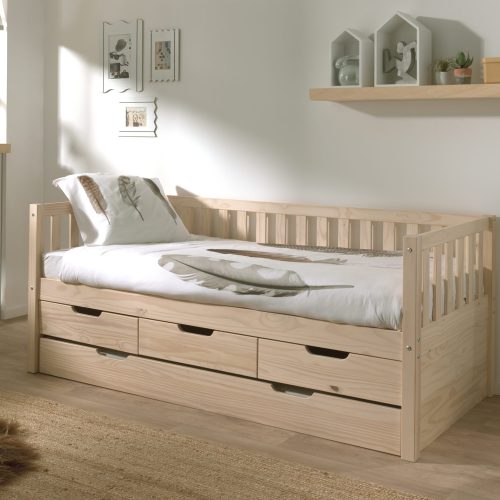 Lit 90x200 banquette gigogne avec tiroirs ISLANDE BOIS vendeur de meuble pour enfant et ado sur la reunion 974 livraison sur toute l'ile meuble en bois massif écologique