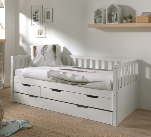 Lit 90x200 banquette gigogne avec tiroirs ISLANDE BLANC vendeur de meuble pour enfant et ado sur la reunion 974 livraison sur toute l'ile meuble en bois massif écologique