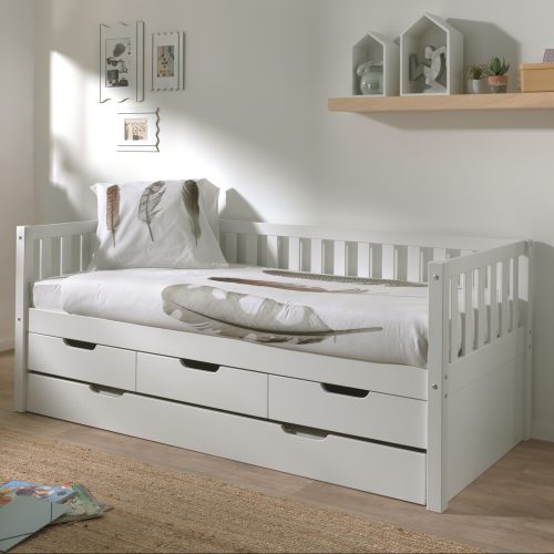 Lit 90x200 banquette gigogne avec tiroirs ISLANDE BLANC vendeur de meuble pour enfant et ado sur la reunion 974 livraison sur toute l'ile meuble en bois massif écologique