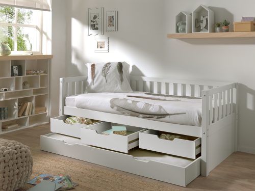 Lit 90x200 banquette gigogne avec tiroirs ISLANDE BLANC vendeur de meuble pour enfant et ado sur la reunion 974 livraison sur toute l'ile meuble en bois massif écologique