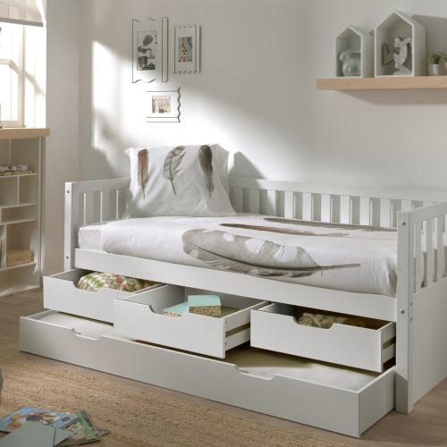 Lit 90x200 banquette gigogne avec tiroirs ISLANDE BLANC vendeur de meuble pour enfant et ado sur la reunion 974 livraison sur toute l'ile meuble en bois massif écologique