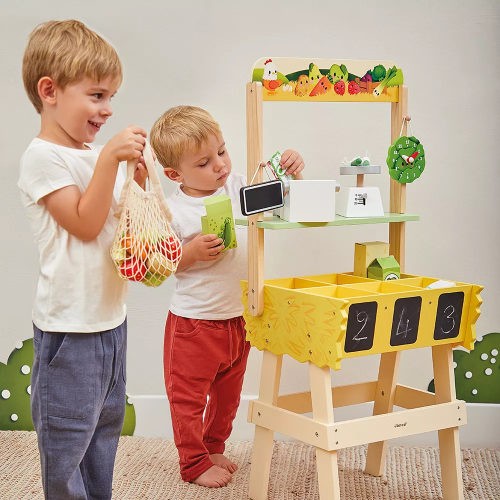 Marchande FARM MARKET épicerie en bois marque JANOD jeu imitation marchande enfant magasin de jouets en bois à St pierre 97410 livraison LA REUNION 974