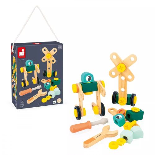 Baril BRICO'KIDS ROBOTS jeu de construction en bois jeu bricolage enfant marque Janod magasin de jouets en bois à st pierre 97410 livraison LA REUNION 974