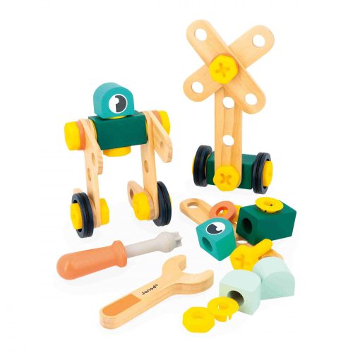 Baril BRICO'KIDS ROBOTS jeu de construction en bois jeu bricolage enfant marque Janod magasin de jouets en bois à st pierre 97410 livraison LA REUNION 974