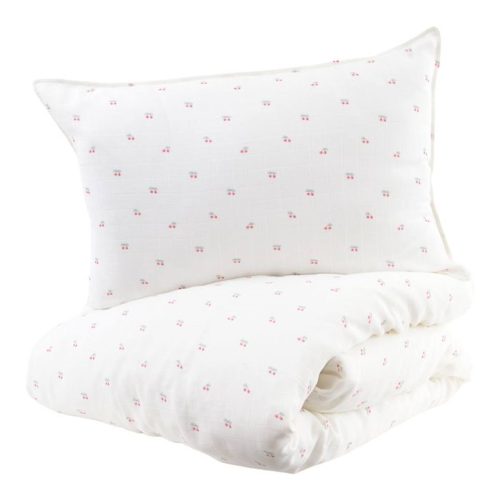 Parure housse de couette 100X140 coton bio Cerises revendeur LITTLE CREVETTE magasin pour enfant st pierre 97410 livraison 974 La Réunion